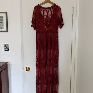 Wine Lace Maxi Overlay Dress